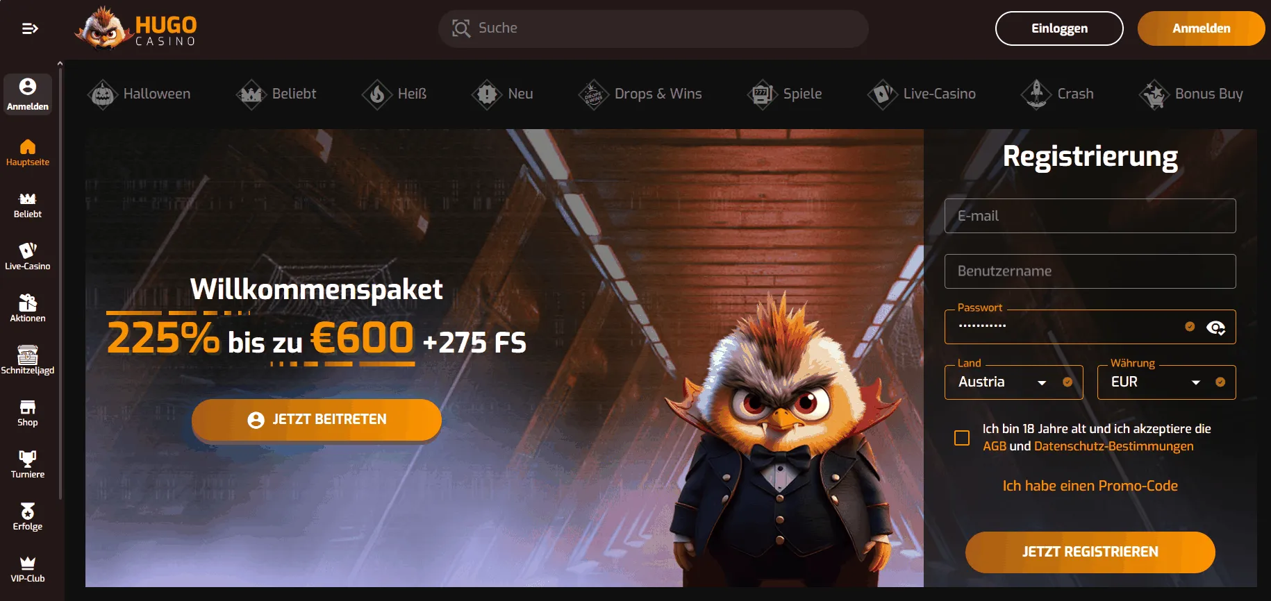 Hugo Casino Spielerlobby Startseite von Hugo Casino