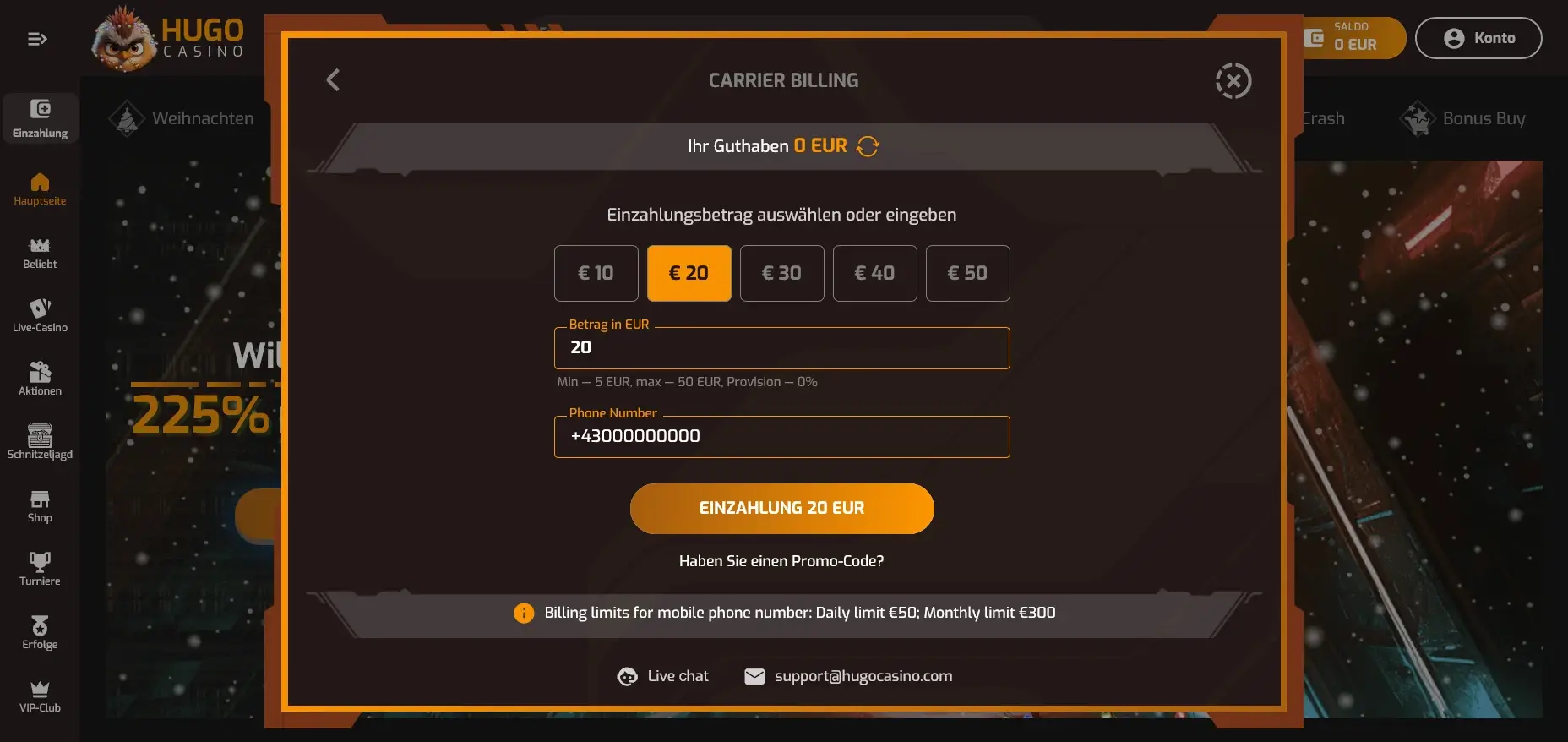 Hugo Casino mit A1 einzahlung