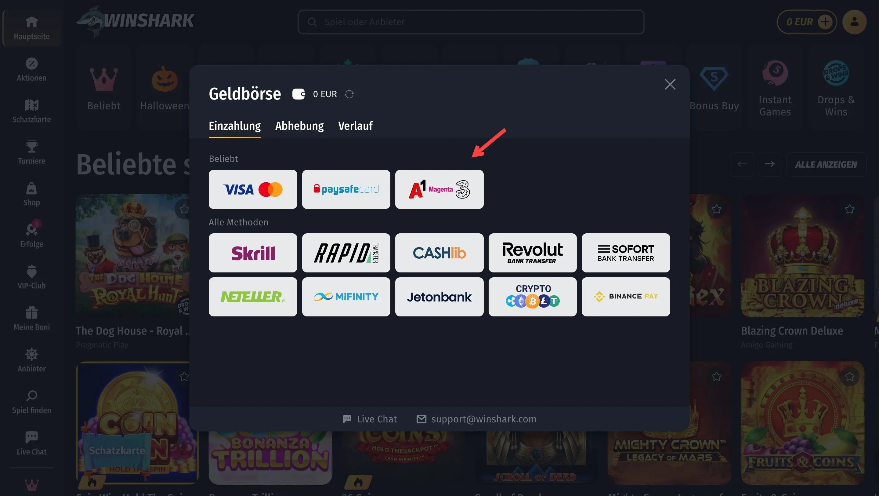 Winshark Casino mit A1 einzahlung